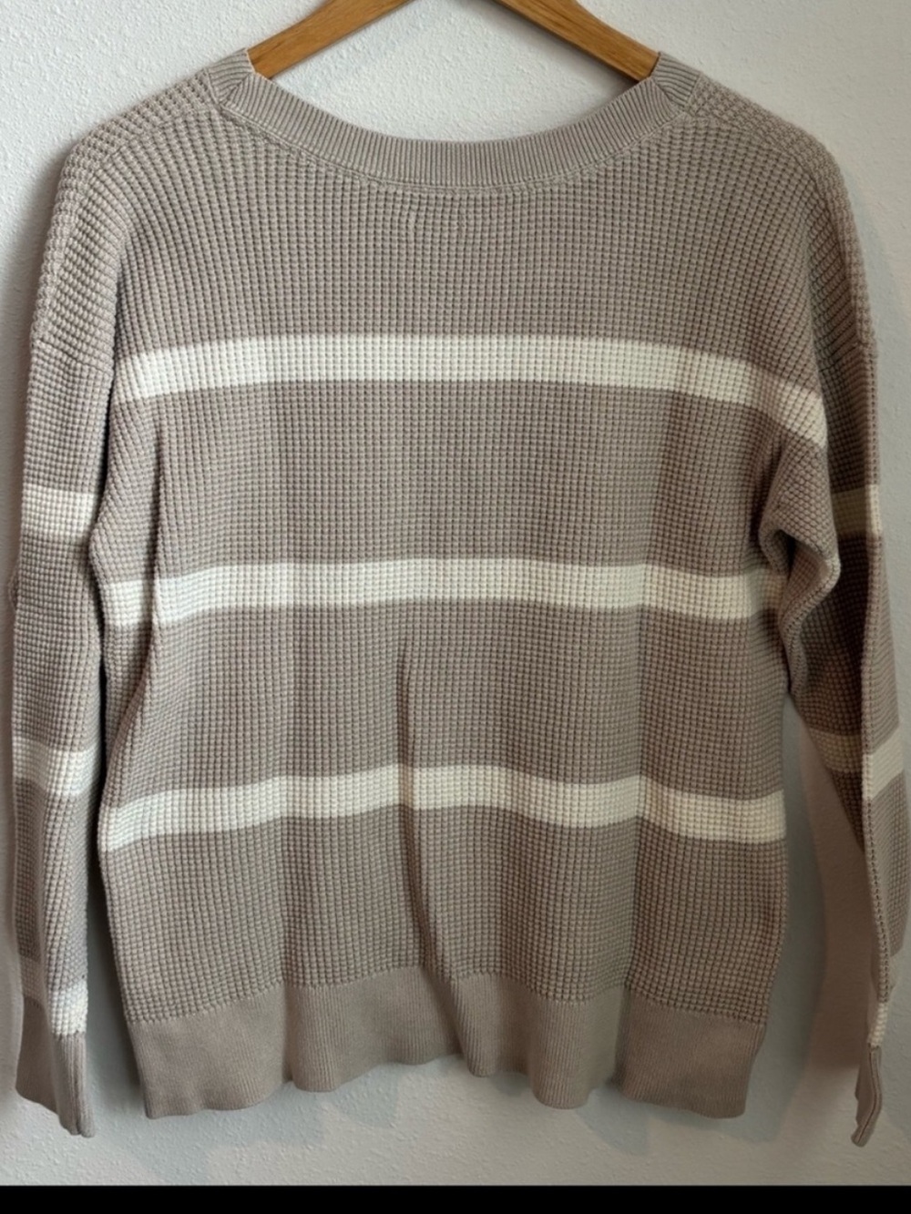 L.L.Bean 100% Cotton Cozy Gray & White Striped Waffle Knit Sweater Women’s L